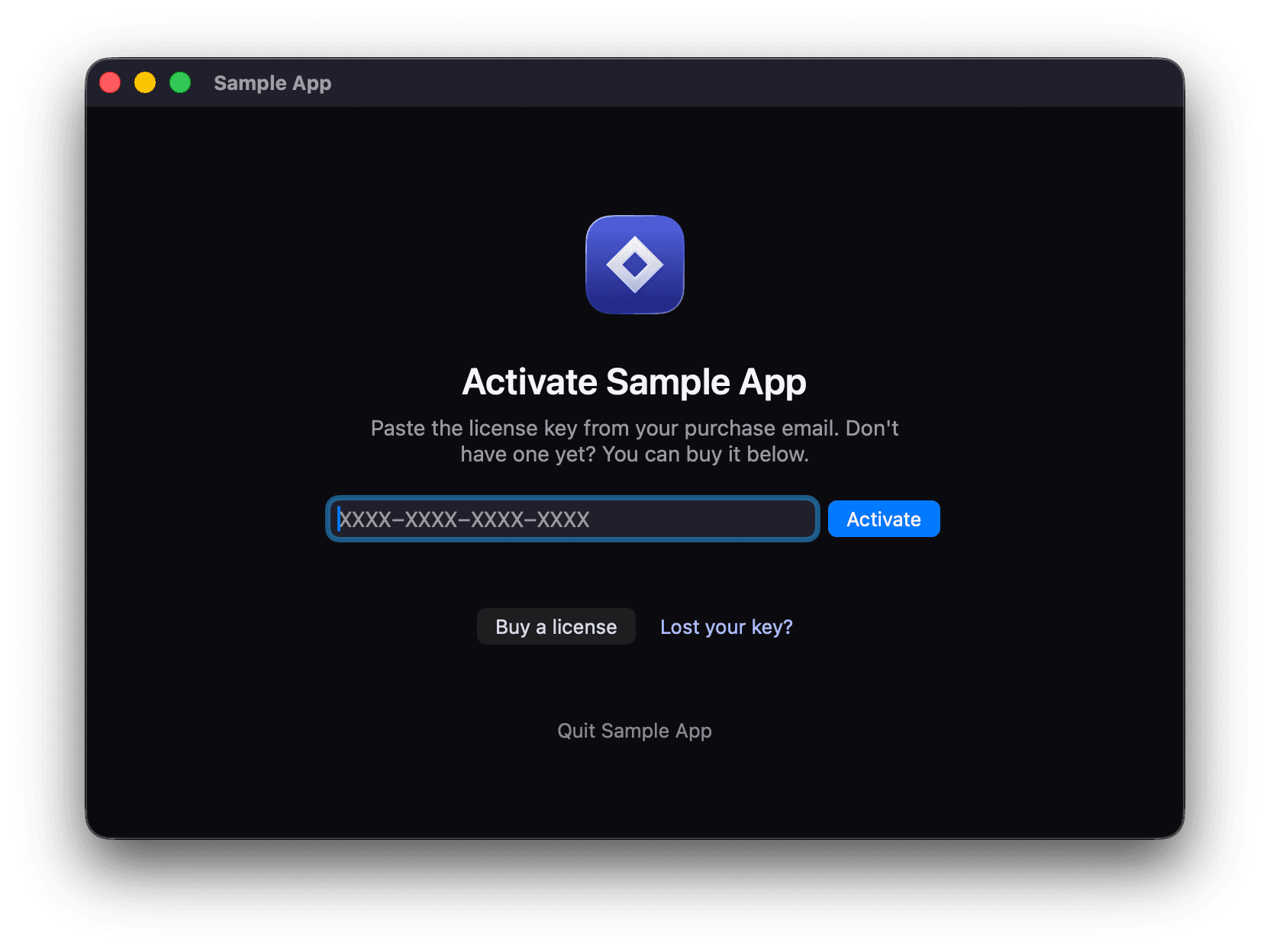 Licence window, in the template's app
