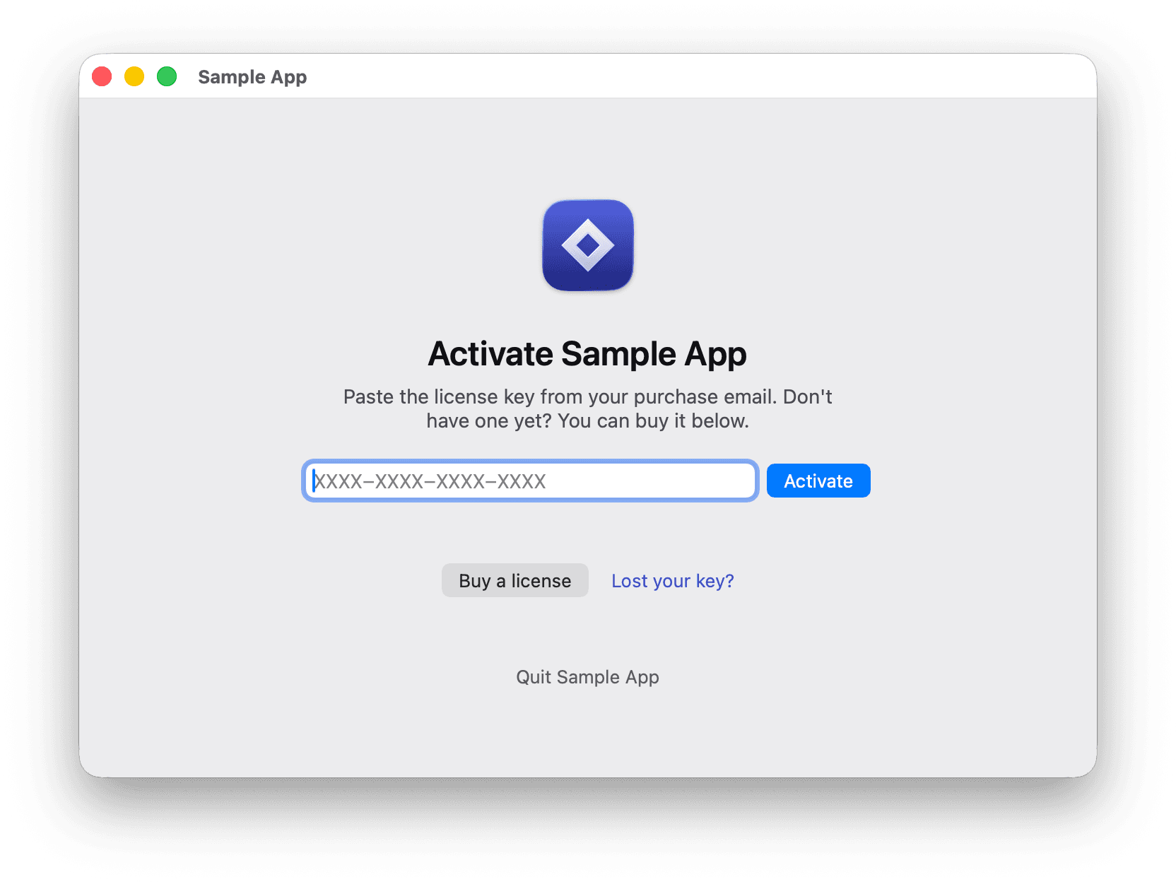 Licence window, in the template's app