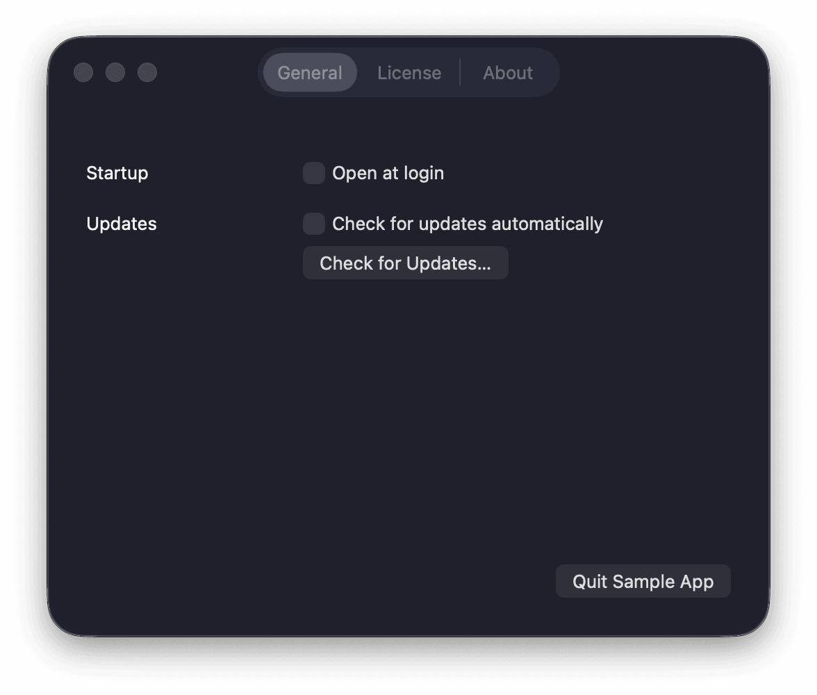 Settings, in the template's app