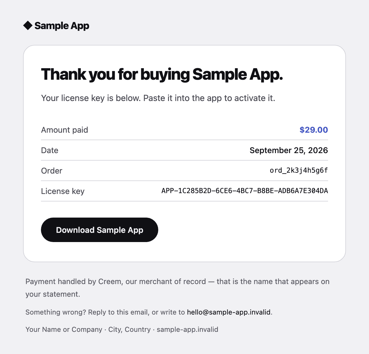 Receipt with key, as the buyer receives it