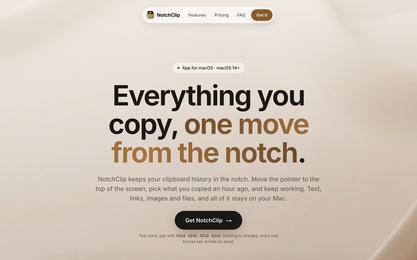 The NotchClip website, built from the template